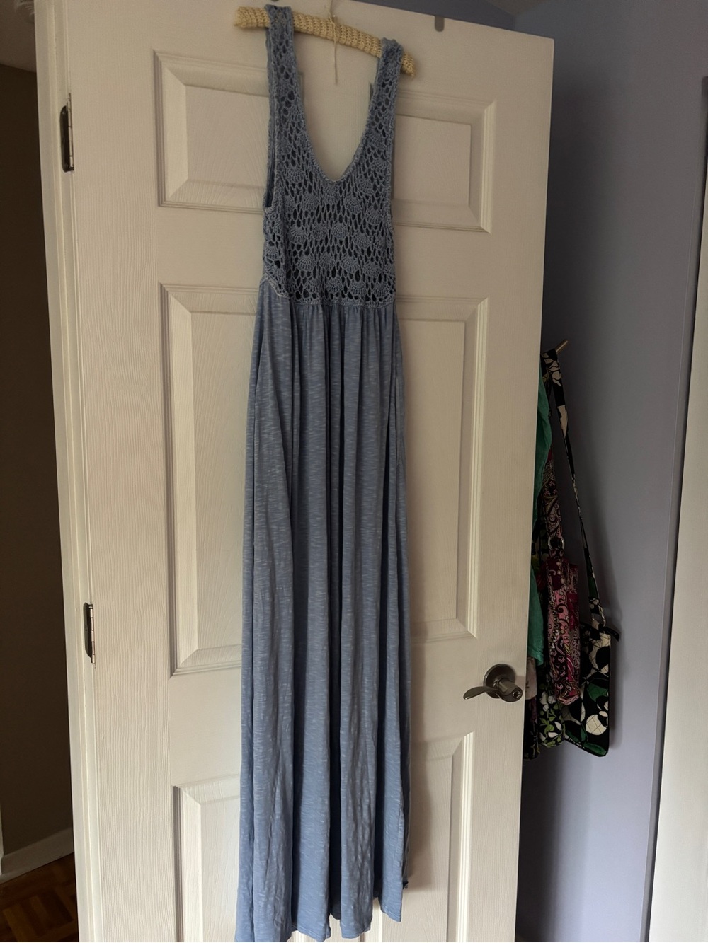 Periwinkle blue/sky blue, crochet & flowing skirt maxi dress🩵